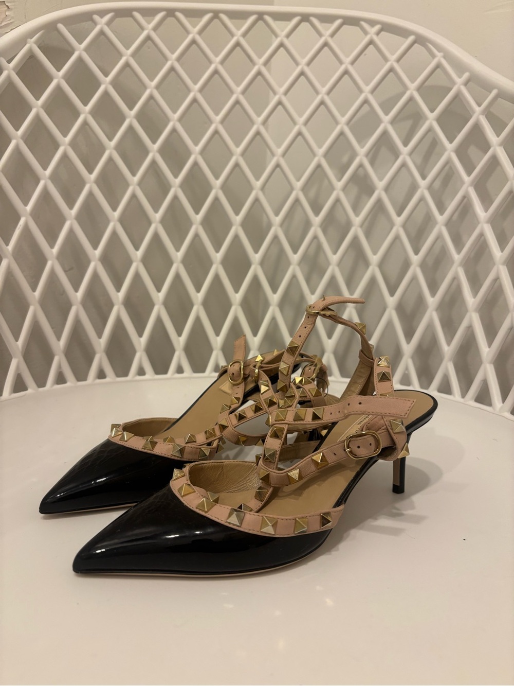 Valentino Black Patent Pointed-Toe Rockstud Slingback Heels with Nude Straps